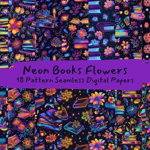 Neon Books Flowers Pattern Seamless Digital Papers - printable scrapbook paper png instant download commercial use 300dpi