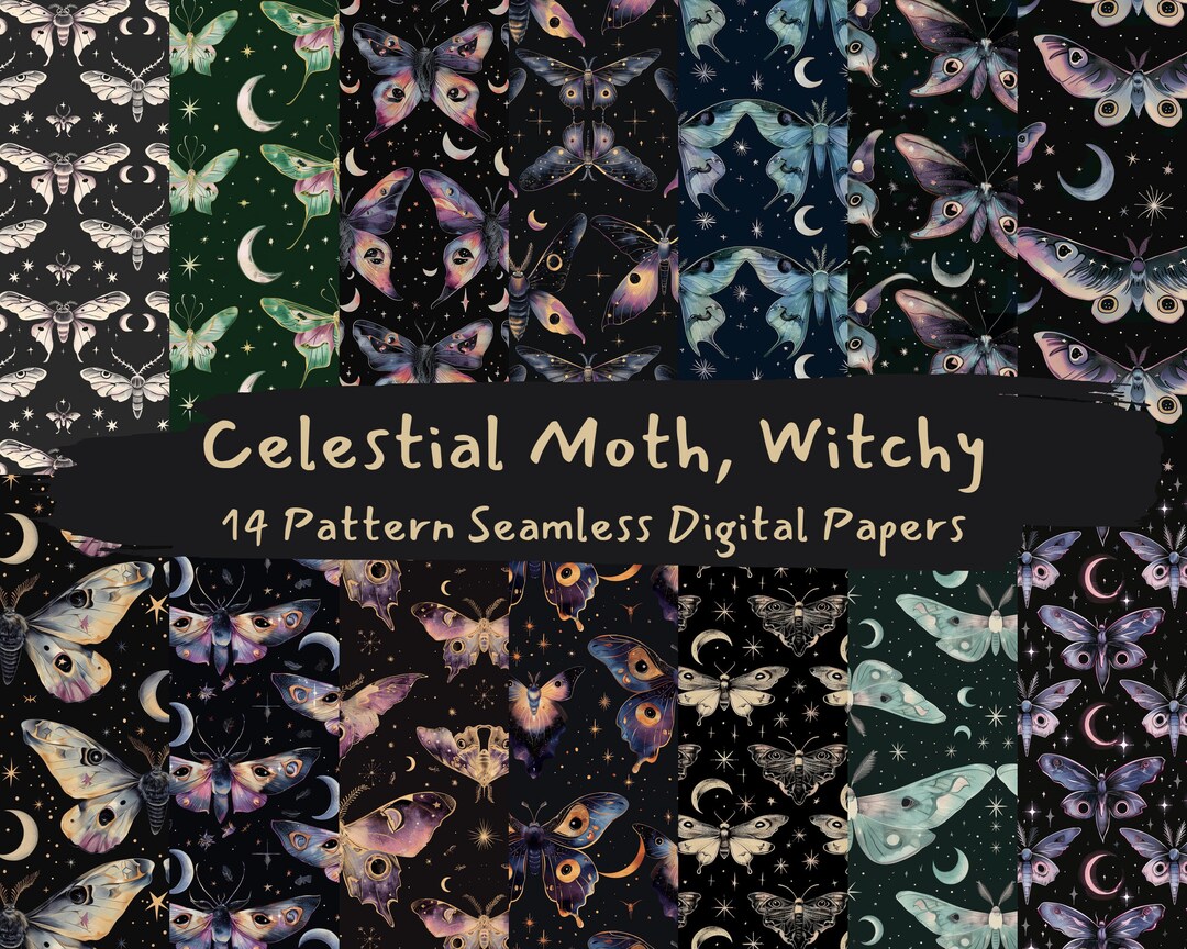 Celestial Moth, Witchy Pattern Seamless Digital Papers - Printable ...