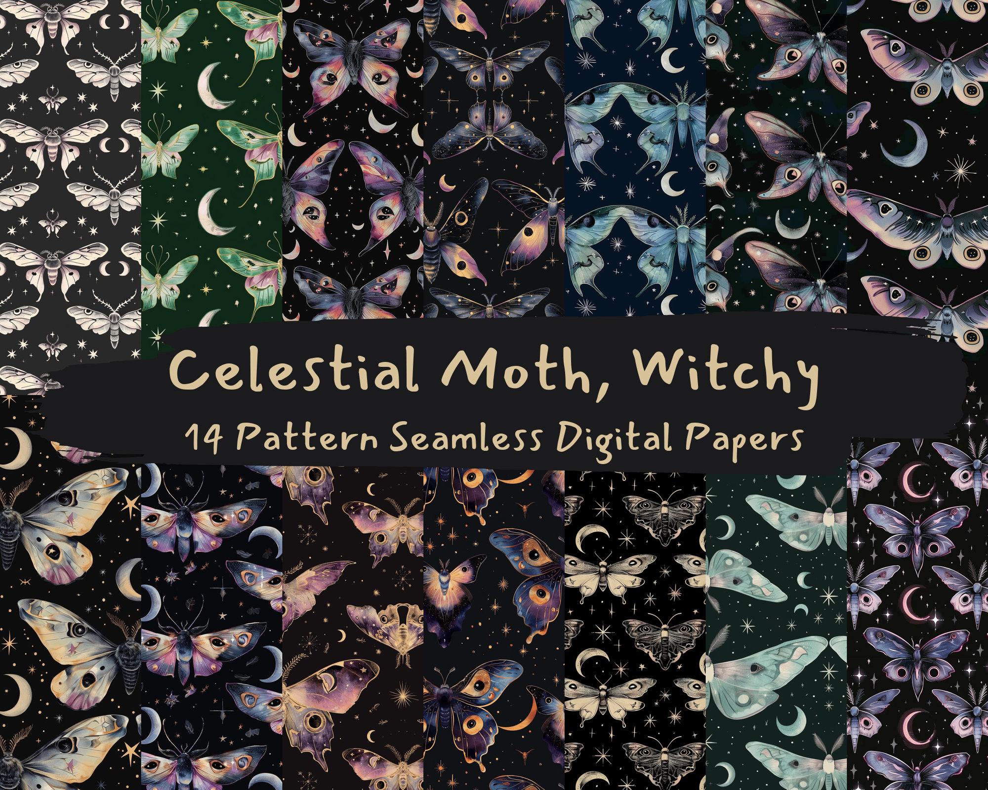 Celestial Moth, Witchy Pattern Seamless Digital Papers - Printable ...