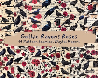 Gothic Ravens Roses Pattern Seamless Digital Papers - printable scrapbook paper png instant download commercial use 300dpi