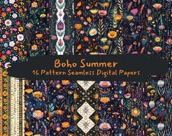 Boho Summer Pattern Seamless Digital Papers - printable scrapbook paper png instant download commercial use 300dpi