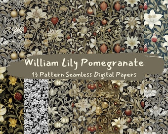 Papeles digitales sin costuras con patrón de granada de William Lily: papel para álbum de recortes imprimible, descarga instantánea, uso comercial, 300 ppp