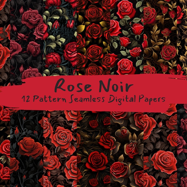 Rose Noir Pattern Seamless Digital Papers - tile patterns printable scrapbook paper instant download for commercial use, 300dpi