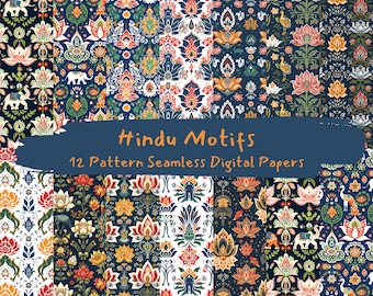 Könnte beinhalten: Zwölf digitale Papiermuster mit farbenfrohen hinduistischen Motiven. Die Muster umfassen Lotusblumen, Elefanten, Paisley-Designs und geometrische Formen auf einem dunkelblauen Hintergrund.