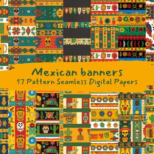 Op de afbeelding: Een set van 17 digitale papierpatronen met kleurrijke, Mexicaans geïnspireerde ontwerpen. De patronen omvatten schedels, bloemen en geometrische vormen in levendige kleuren zoals rood, geel, groen en blauw. De papieren zijn perfect voor knutselen, scrapbooking en digitale ontwerp projecten.