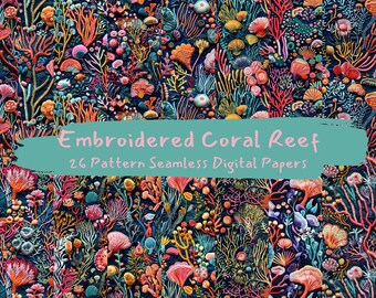 Embroidered Coral Reef Pattern Seamless Digital Papers - printable scrapbook paper instant download, commercial use, 300dpi