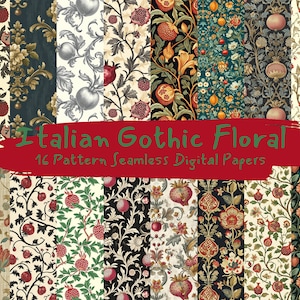 May include: A digital paper pack with 16 seamless patterns featuring a gothic floral design with pomegranates, leaves, and flowers in shades of red, green, black, and white.  "Italian Gothic Floral 16 Pattern Seamless Digital Papers" is written in red and green text across the center of the image.