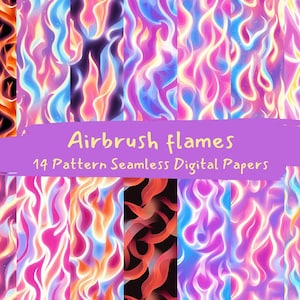 May include: A set of 14 digital papers featuring seamless patterns of airbrushed flames in various colors, including orange, pink, blue, and purple.