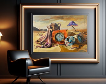Arte de parede em tempo surreal - inspirado nos relógios derretidos de Dalí, decoração digital abstrata para impressão, download instantâneo surrealista sonhador