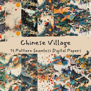 Chinese Village Pattern Seamless Digital Papers - printable scrapbook paper instant download, commercial use, 300dpi
