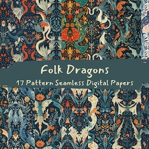 Folk Dragons Pattern Seamless Digital Papers - printable scrapbook paper png instant download commercial use 300dpi