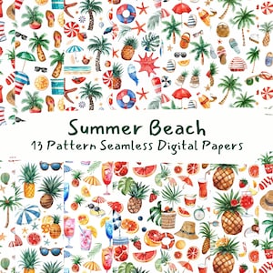 Summer Beach Pattern Seamless Digital Papers - printable scrapbook paper png instant download commercial use 300dpi