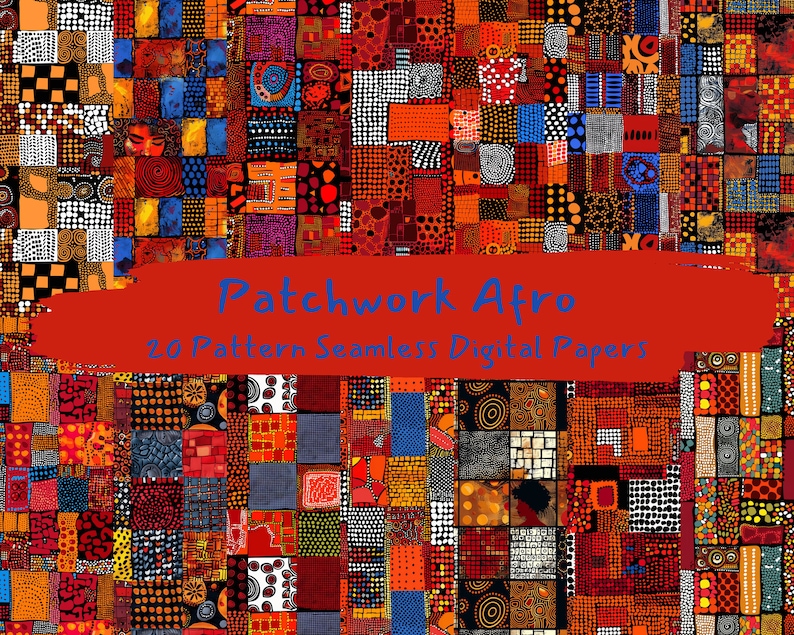 Patchwork Afro Pattern Seamless Digital Papers - printable scrapbook paper instant download, commercial use, 300dpi image 1