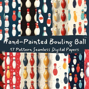 May include: 17 digital papers featuring hand-painted bowling pin patterns. The patterns are colorful and include red, blue, yellow, white, and black bowling pins on various backgrounds.