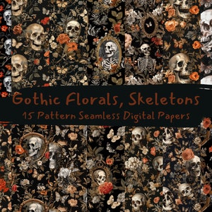 Gothic Florals, Skeletons Pattern Seamless Digital Papers - printable scrapbook paper instant download, commercial use, 300dpi