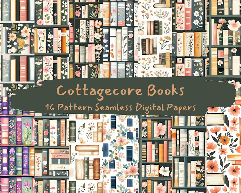 Cottagecore Books Pattern Seamless Digital Papers - Printable Scrapbook ...