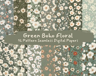 Green Boho Floral Pattern Seamless Digital Papers - printable scrapbook paper png instant download commercial use 300dpi