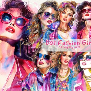1980s Fashion Girl cyfrowy pakiet clipartów do druku w formacie PNG przezroczyste tło natychmiastowe pobieranie do użytku komercyjnego