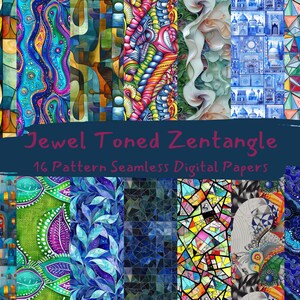 Peut inclure: Un pack de papiers numériques avec 16 motifs sans couture présentant des designs de zentangle aux tons de pierres précieuses. Les motifs comprennent des formes géométriques, des motifs floraux et des designs abstraits dans des tons de bleu, vert, violet et jaune.