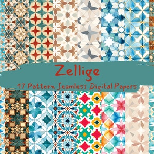 Pode incluir: Uma coleção de 17 papéis digitais sem costura com vários padrões geométricos. Os designs apresentam uma gama de cores, incluindo azul, laranja e castanho. A imagem inclui a palavra "Zellige" e a frase "17 Pattern Seamless Digital Papers".