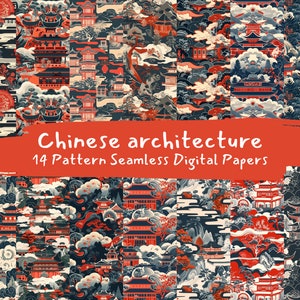 Chinese architecture Pattern Seamless Digital Papers - printable scrapbook paper instant download, commercial use, 300dpi