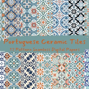 Portuguese Ceramic Tiles Pattern Seamless Digital Papers - printable scrapbook paper instant download, commercial use, 300dpi