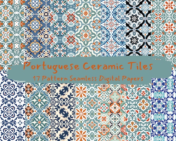 Portuguese Ceramic Tiles Pattern Seamless Digital Papers - printable scrapbook paper instant download, commercial use, 300dpi