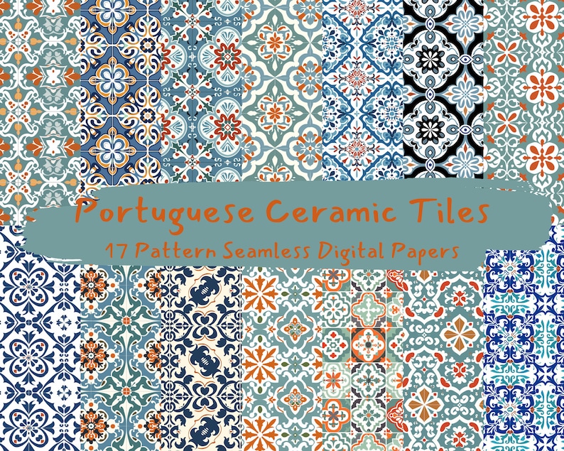 Portuguese Ceramic Tiles Pattern Seamless Digital Papers - printable scrapbook paper instant download, commercial use, 300dpi image 1