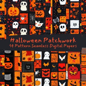 May include: A set of 14 digital papers featuring a patchwork design with various Halloween themes. The papers feature a variety of patterns, including pumpkins, ghosts, bats, and spiders. The papers are perfect for creating Halloween crafts, cards, and decorations.