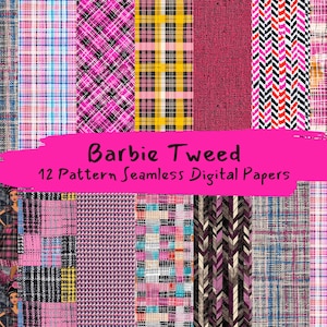 Puede incluir: Un conjunto de 12 papeles digitales con varios patrones de cuadros rosas, amarillos, azules y negros, junto con un patrón de chevron rosa y negro y un patrón de tweed rosa y blanco. El texto "Barbie Tweed 12 Pattern Seamless Digital Papers" se muestra sobre un fondo rosa.