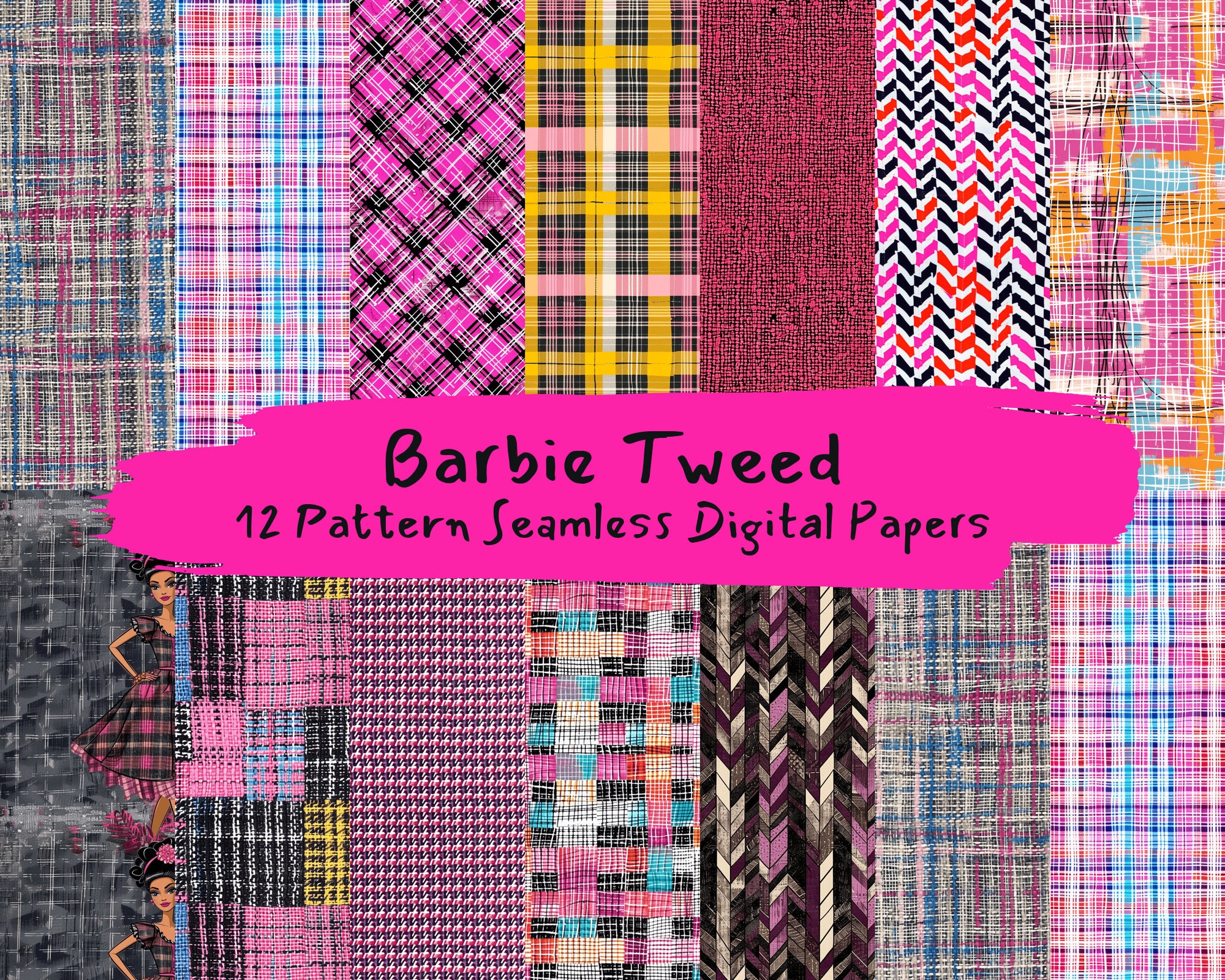 Barbie Tweed Pattern Seamless Digital Papers - Printable Scrapbook ...