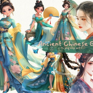 古代中国の女の子の印刷可能なクリップアート、png 形式、透明な背景、即時ダウンロード、商用利用、300dpi