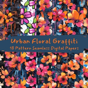 Puede incluir: 18 papeles digitales con patrones sin costuras de flores coloridas y pinceladas abstractas en estilo graffiti. Los patrones son en tonos de rosa, naranja, azul y negro.