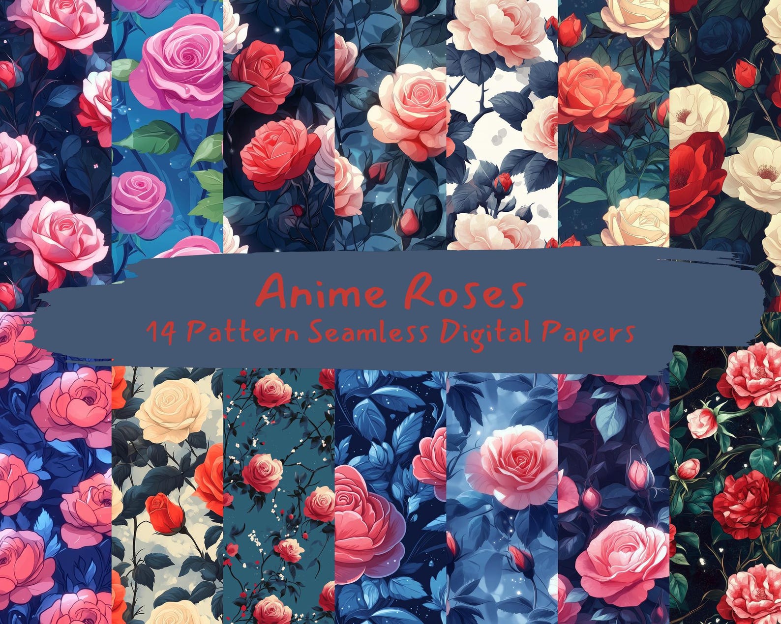 Anime Roses Pattern Seamless Digital Papers - Printable Scrapbook Paper ...