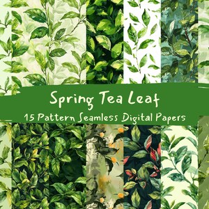 May include: A collection of 15 digital paper patterns featuring watercolor illustrations of green tea leaves. The patterns are seamless and can be used for a variety of crafting projects.