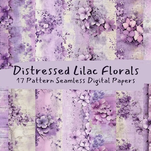 Distressed Lilac Florals Pattern Seamless Digital Papers - printable scrapbook paper png instant download commercial use 300dpi