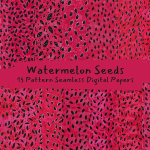 May include: A vibrant digital paper design featuring a repeating pattern of black, oval-shaped seeds against a bright red background. The image includes the text "Watermelon Seeds" and "13 Pattern Seamless Digital Papers" in a pink banner.