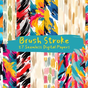 Può includere: Un set di 27 carte digitali con motivi di pennellate senza cuciture in vari colori, tra cui blu, giallo, arancione, rosso, rosa, nero e bianco. Le carte sono perfette per creare sfondi, scrapbooking e altri progetti creativi.