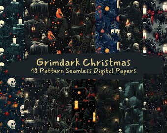 May include: A set of 18 digital paper patterns featuring a dark and spooky Christmas theme. The patterns include skulls, candles, trees, and other festive elements in a black and red color scheme.