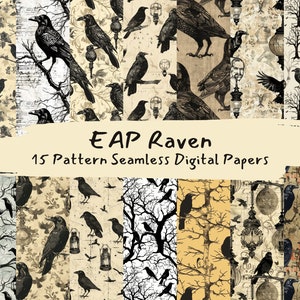 Può includere: Un set di 15 motivi di carta digitale con corvi, alberi e lanterne in stile vintage. Le carte sono in nero, bianco e tonalità di marrone. Il testo "EAP Raven 15 Pattern Seamless Digital Papers" è visualizzato sull'immagine.