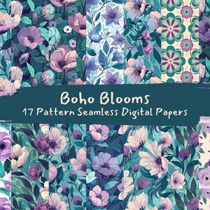 Boho Blooms Pattern Seamless Digital Papers - printable scrapbook paper png instant download commercial use 300dpi