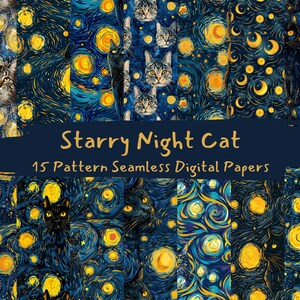 May include: 15 digital paper designs featuring a cat and a swirling starry night pattern in shades of blue, yellow, and black.