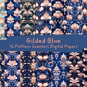 Gilded Blue Pattern Seamless Digital Papers - printable scrapbook paper png instant download commercial use 300dpi