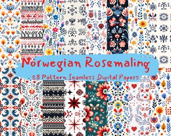 Papéis digitais sem costura com padrão de rosemaling norueguês - papéis para scrapbook com padrões de azulejos para impressão, download instantâneo para uso comercial, 300 dpi