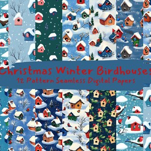 Op de afbeelding: Een verzameling van 12 naadloze digitale papieren met kerst winter vogelhuisjes. De vogelhuisjes zijn afgebeeld in verschillende kleuren, waaronder rood, blauw, groen en bruin, met besneeuwde daken en winterse taferelen. De tekst "Christmas Winter Birdhouses" is zichtbaar.