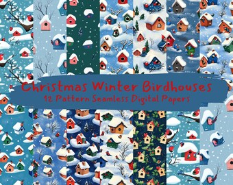 Weihnachten Winter Vogelhäuser Muster nahtlose digitale Papiere - printable Scrapbook Papier png sofortiger Download kommerzielle Nutzung 300dpi