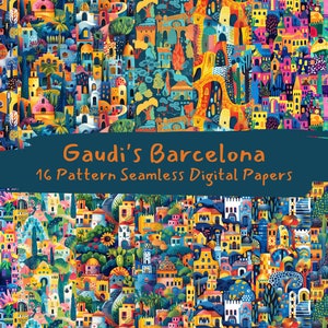May include: A colorful digital paper pack with 16 seamless patterns inspired by the architecture of Antoni Gaudí in Barcelona. The patterns feature whimsical buildings, trees, and geometric shapes in a vibrant palette of blues, yellows, greens, and reds.
