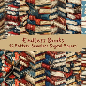 May include: A digital paper pack with 16 seamless patterns featuring stacks of vintage books in various colors and designs. The patterns are perfect for scrapbooking, card making, and other craft projects.