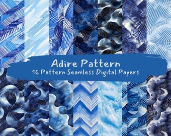 May include: A set of 16 digital papers featuring blue and white geometric patterns. The patterns are inspired by the traditional tie-dye technique known as "Adire".