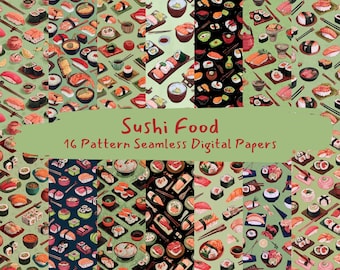 Sushi Food Pattern Seamless Digital Papers - printable scrapbook paper png instant download commercial use 300dpi